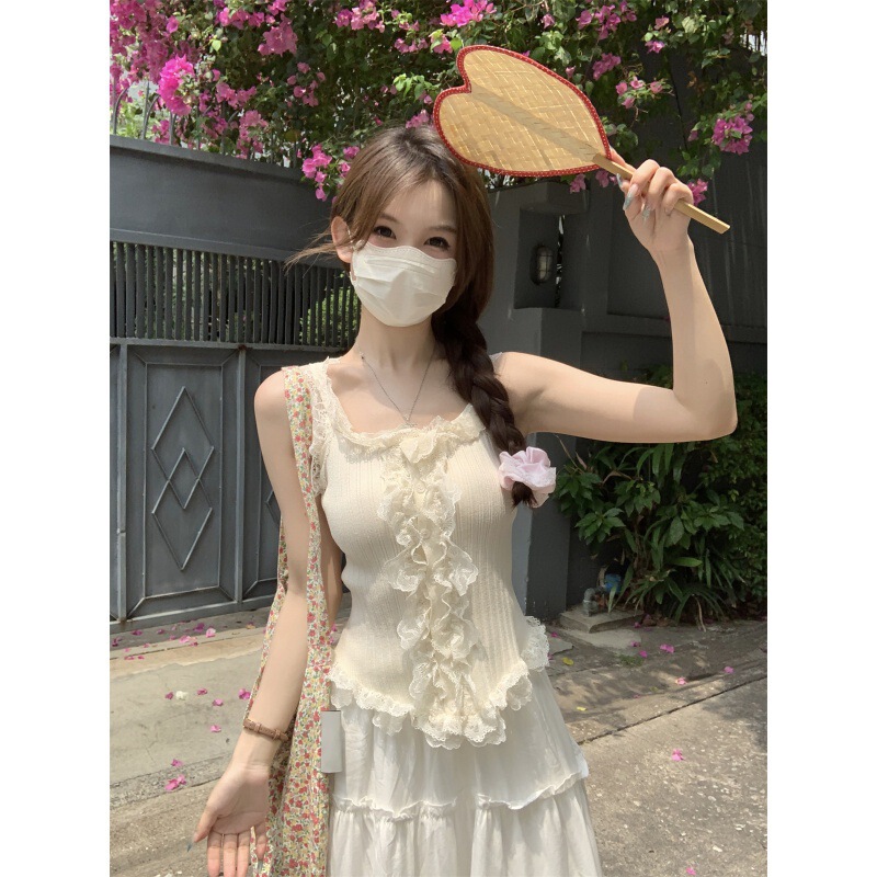 夏季新款设计感蕾丝拼接无袖背心吊带女夏季纯欲修身显瘦百搭短款|undefined