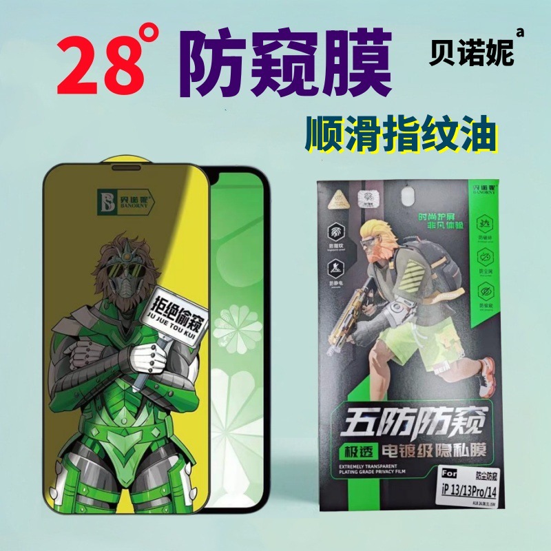 Benoni 28-Degree Ip Privacy Screen Protector for Mobile Phones, Five-Proof, Scratch-Resistant, Anti-Fingerprint, Oil-Resistant, Electroplated Privacy Tempered Film, Anti-Reflective