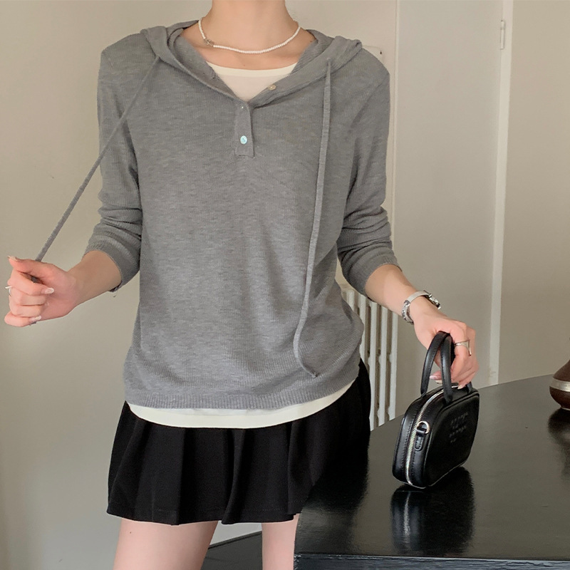 【Clearance Bargain】Hooded Drawstring Base Shirt Women's Versatile T-Shirt V-Neck Shell Button Fake Two-Piece Long-Sleeve Top