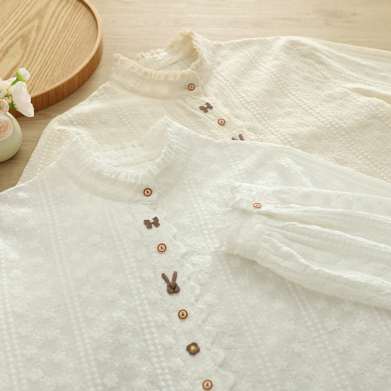 Sweet Lace Age-Reducing Placket Handmade Rabbit Heavy Jacquard Long-Sleeved Shirt for Women 2025 Autumn New Slim Shirt