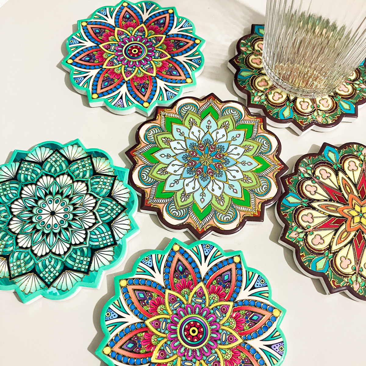 Nuevo posavasos en forma de flor, artesanía de bronceado, textura en relieve, posavasos para el hogar creativo de estilo étnico bohemio