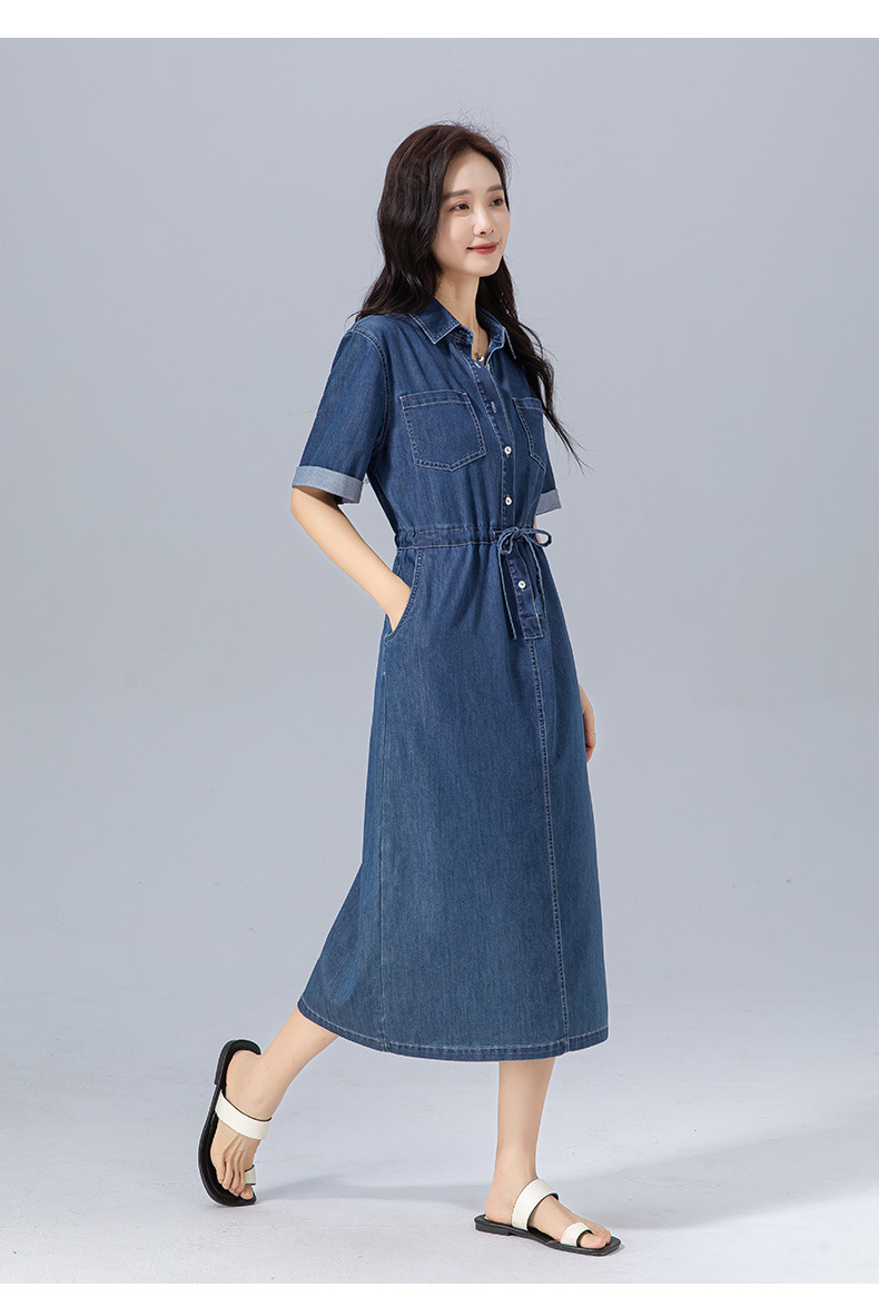 Váy liền dáng dài polo cotton thắt eo dây rút tay ngắn mùa hè — Màu xanh lam chi tiết 4