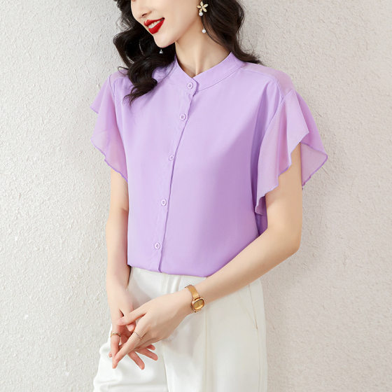 Summer 2024 New loose slimming short sleeve ruffle sleeve top thin design sense niche chiffon shirt for women