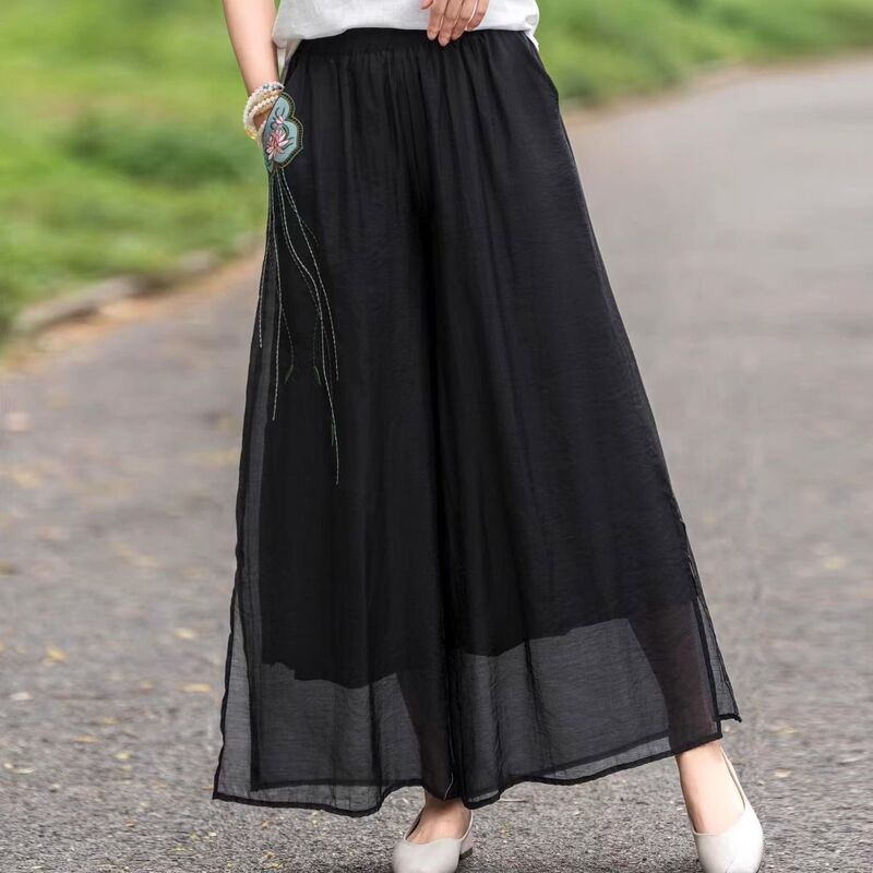 2025 Popular Summer Solid Color Double High-Slit Artistic Wide-Leg Pants, Lightweight Silk and Linen, Small Pumpkin Tassel Women's Cropped Pants