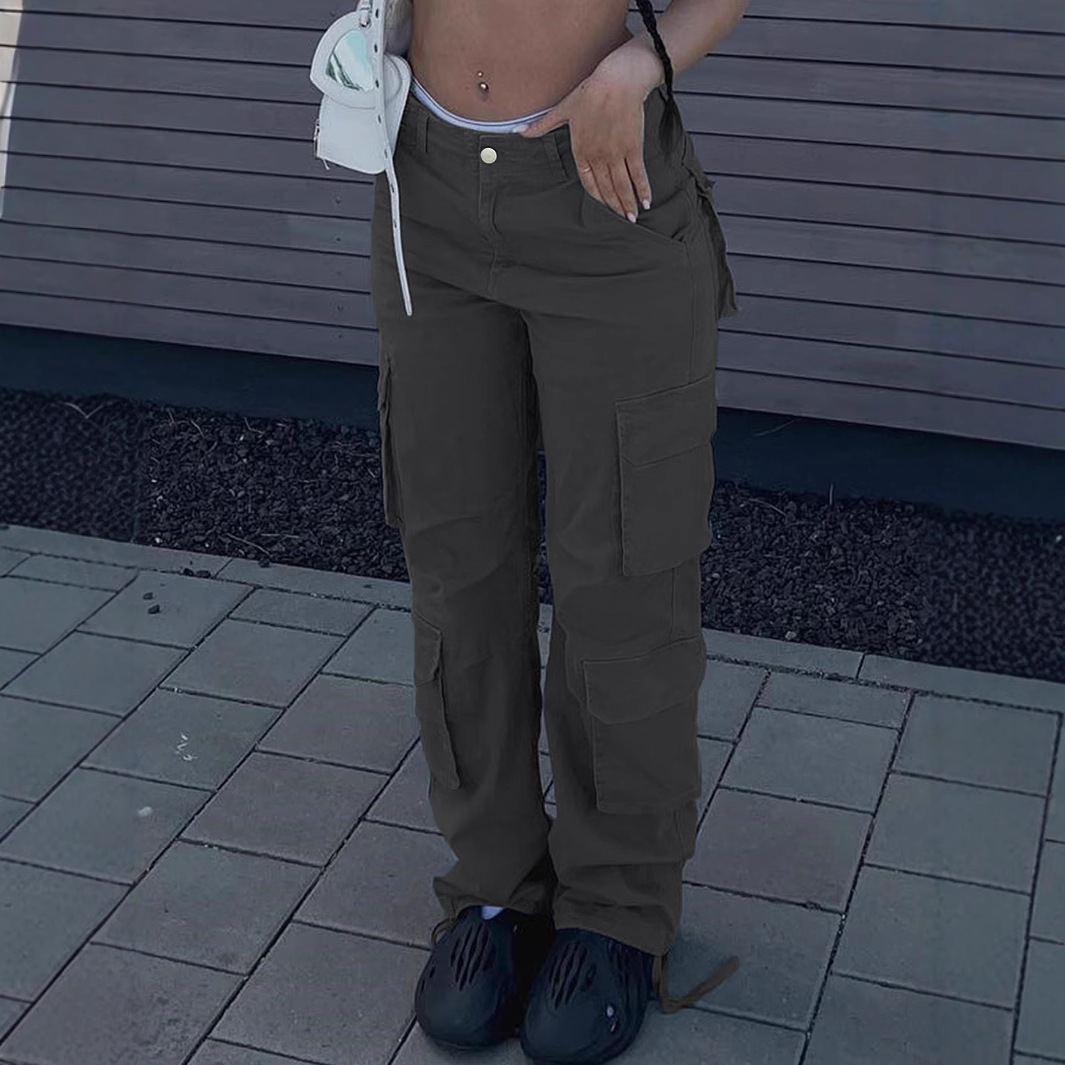 Ropa de mujer, color liso, estilo urbano, cintura alta, recta, holgada, con múltiples bolsillos, estilo de trabajo, moderna, para chica atractiva, pantalones casuales, ropa de mujer_voghion.com