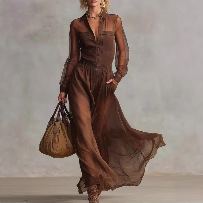 Retro Brown Cotton Maxi Dress With Button V Neck Long Sleeve Organza Stitched For Women European And American Style Independent Website_ecoleips.com