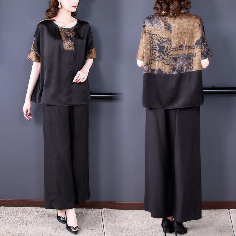 Two-Piece Suit for Middle-Aged Mother Summer Xiangyun Yarn Silk Top Mulberry Silk Wide-Leg Pants Middle-Aged Casual Suit