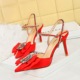 221-H32 Korean Banquet Summer High Heels, Shallow Mouth, Pointed Silk, Water Diamond, One Bow Sandals for Women