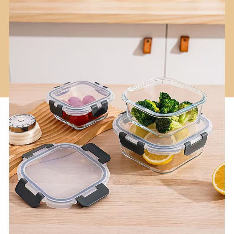 Caja de almacenamiento de vidrio transfronteriza alta borosilicato aluminio de vidrio puede calentarse refrigerado fábrica de cajas de comidas resistentes al calor