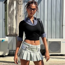 欧美女装2025秋季新品时尚格子拼接polo领长袖上衣女显瘦百搭T恤