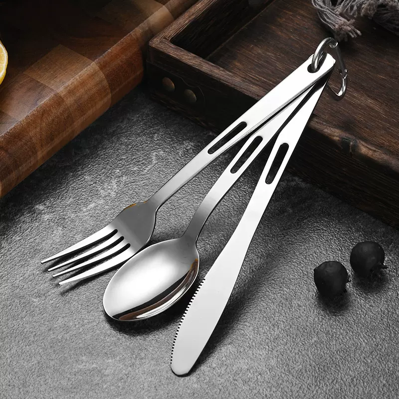 不锈钢双孔镂空刀叉勺野营户外旅游办公室餐具三件套旅行便携餐具