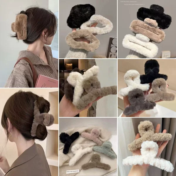 Oversized simple all-match fashion plush hairpin women's hair volume furry grip back head updo shark clip