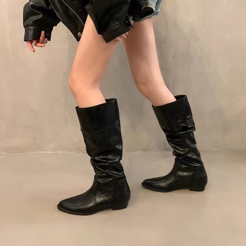 软糯好穿!奶白皱褶2025秋季新款长筒靴子女低跟粗跟不过膝骑士靴|undefined