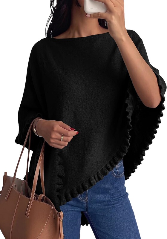 EVALESS Women's Lightweight Cape Sweater, Loose Pleated Hem, Off-Shoulder Pullover Top, Spring/Summer Casual Wear EVALESS Women's Lightweight Cape Sweater, Loose Pleated Hem, Off-Shoulder Pullover Top, Spring/Summer Casual Wear