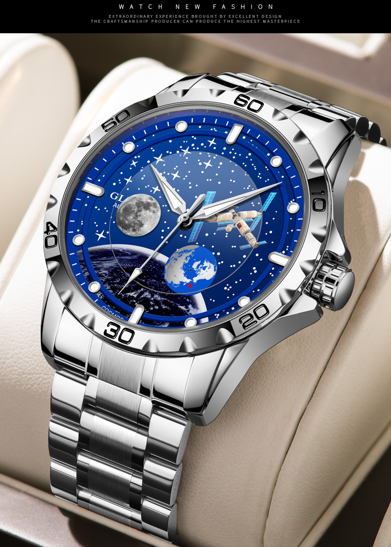 Đồng hồ nam automatic lộ máy dây thép cao cấp — Dây thép vàng Intershell, Dải thép bạc vỏ bạc chi tiết 5