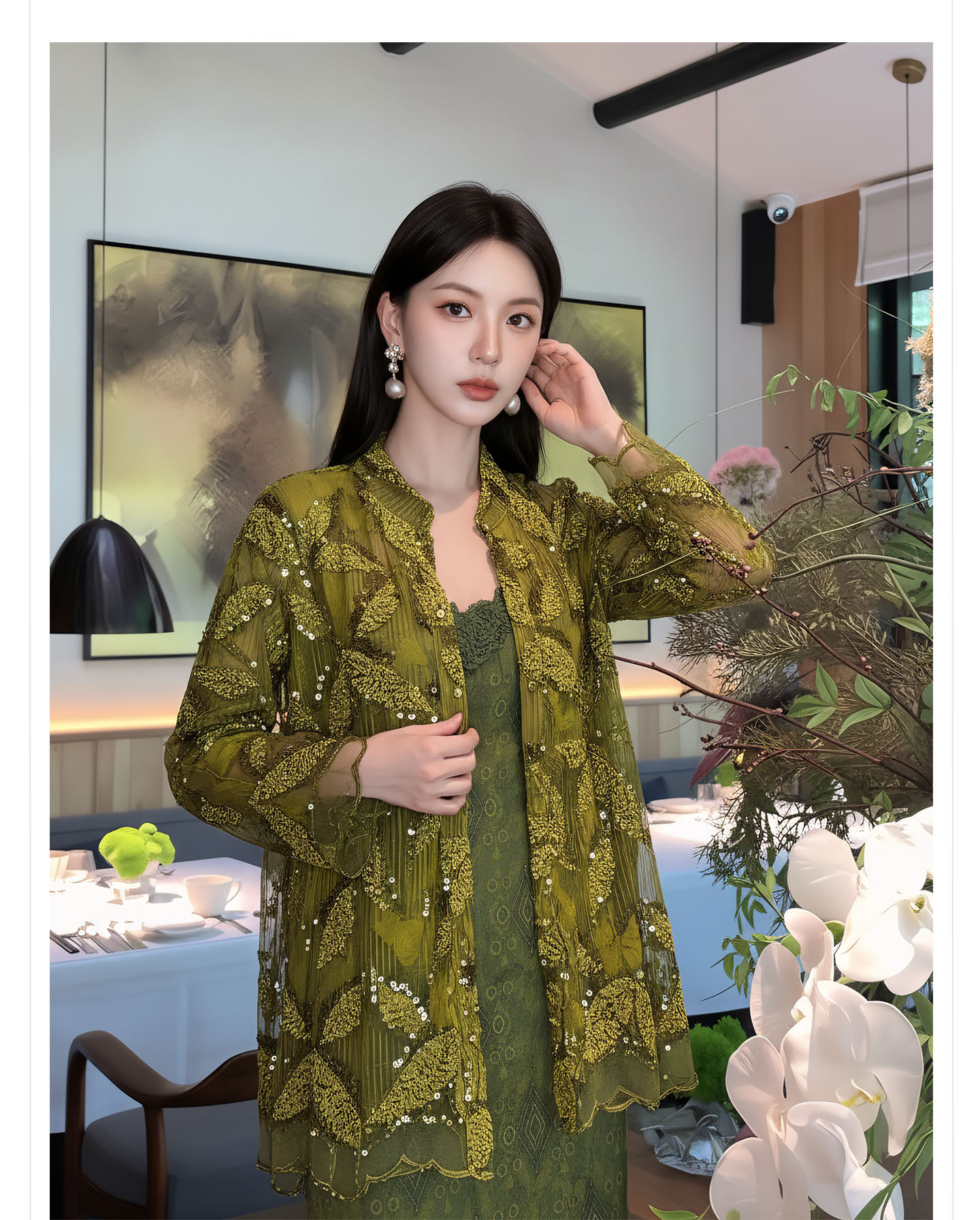 Bộ áo kiểu tân cổ điển phối váy yếm ren hoa thêu — Bộ【Áo vàng xanh + Váy yếm màu matcha】, Áo vàng xanh, Váy yếm màu matcha, Váy yếm đen cao cấp chi tiết 2