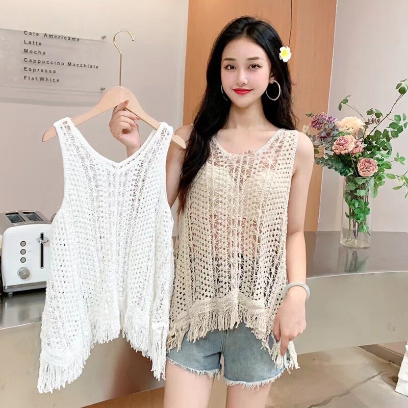 Bohemian Ethnic Style Camisole with Blouse and Knitwear, Loose Layered Cut Out Sleeveless Vest Top