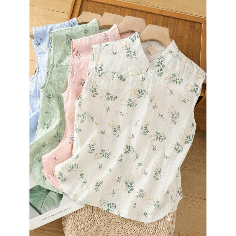 2026 New Style Cotton and Linen National Style Textured Jacquard Shirt for Women, Summer Lightweight Floral Sleeveless Shirt with Linen Diagonal Placket and Button Closure 2026 New Style Cotton and Linen National Style Textured Jacquard Shirt for Women, Summer Lightweight Floral Sleeveless Shirt with Linen Diagonal Placket and Button Closure