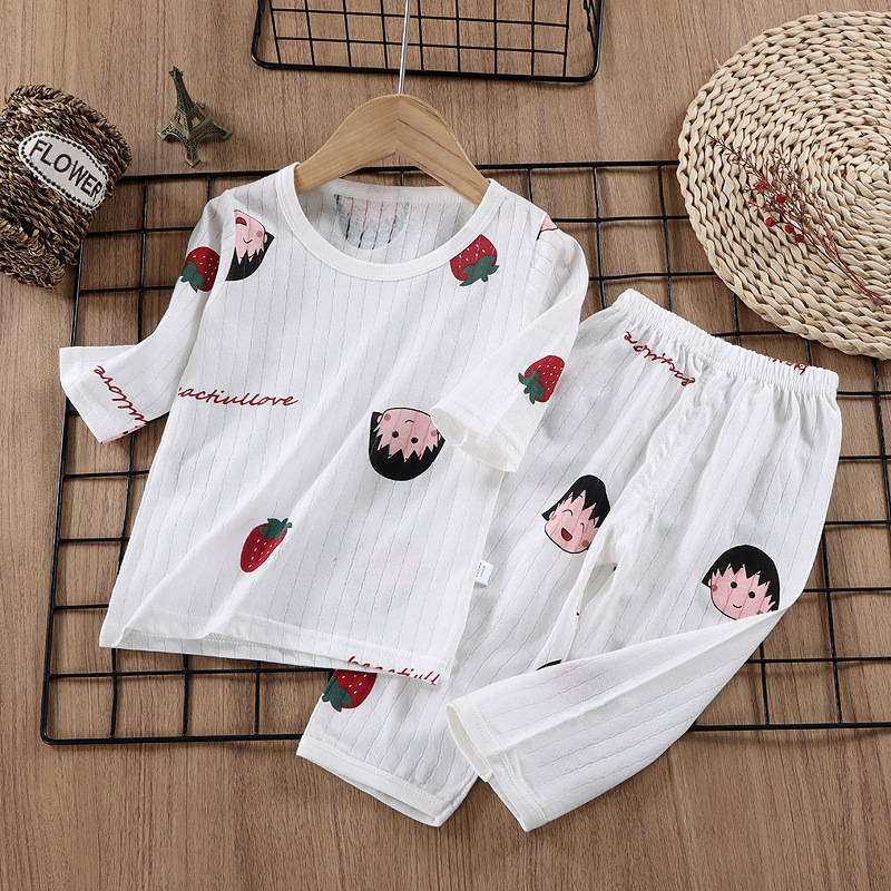 Conjunto de pijama para uso doméstico, ropa de algodón puro para aire acondicionado para niños y niñas, ropa de verano fina de manga corta para bebés y niños pequeños.