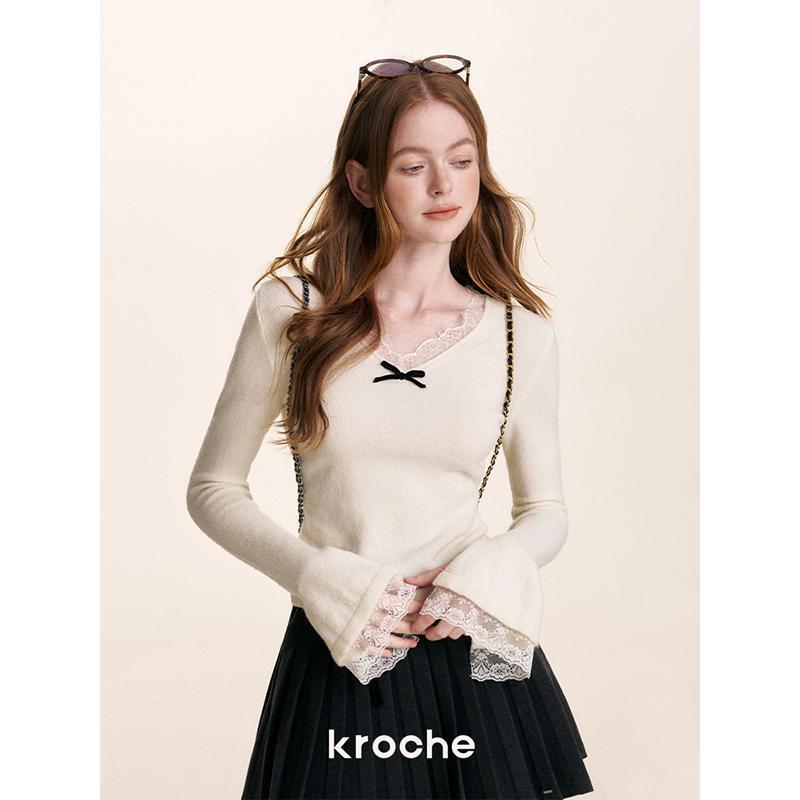 Kroche Romantic Lace Velvet Bow Lace Patchwork V-Neck Knit Top