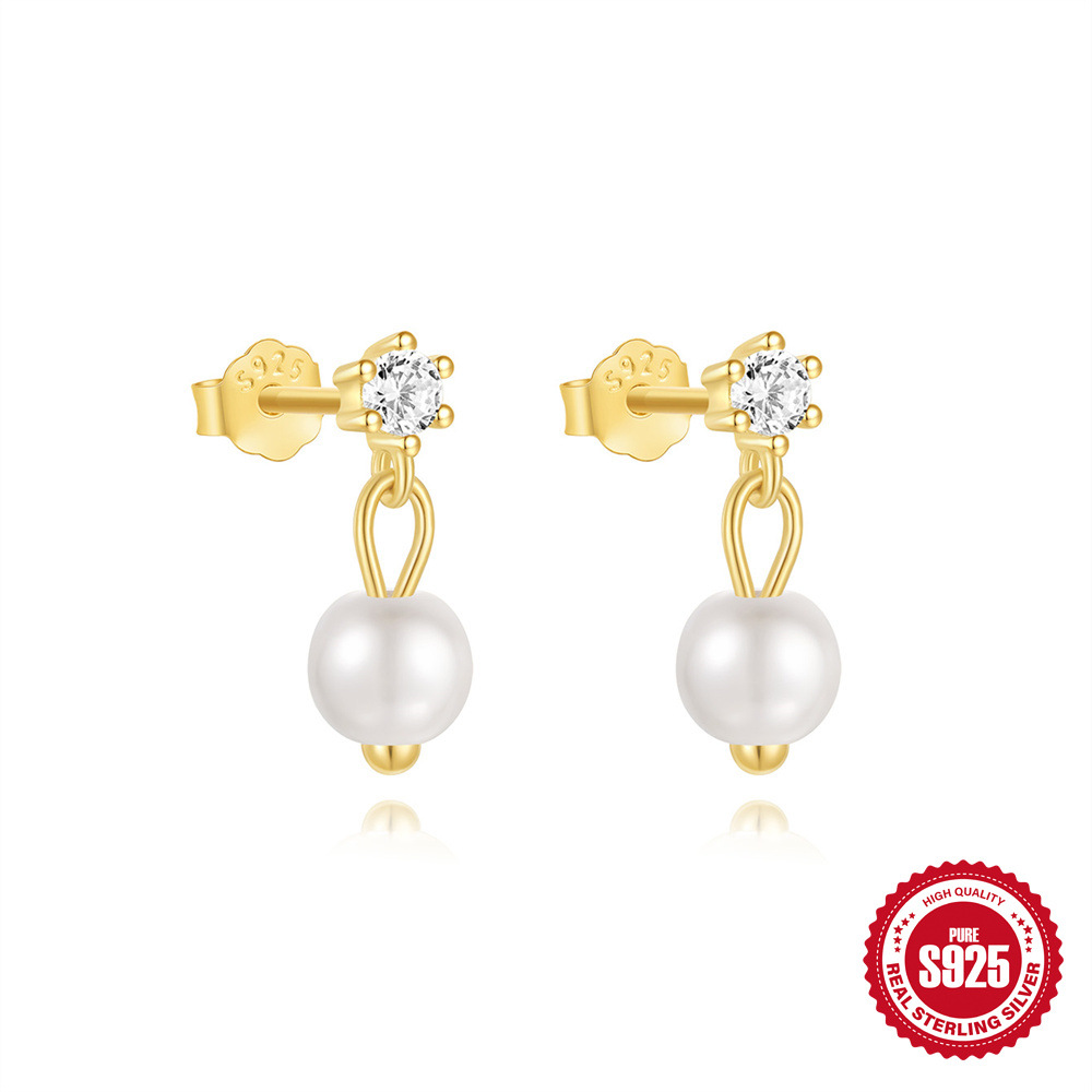 Pendientes de diseño pequeño y exquisito de plata de ley S925, lazo, perla, aretes de ambiente premium de otoño