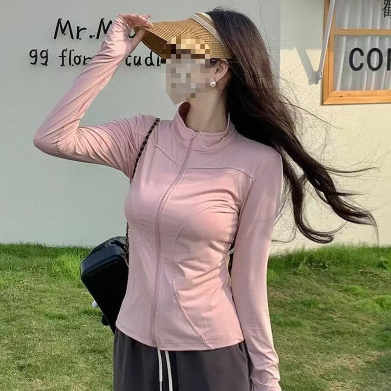 スタンドカラー日焼け止め服アイスシルク速乾性ショートヨガ服女性の夏薄い屋外サイクリングとランニング抗紫外線トップ|undefined