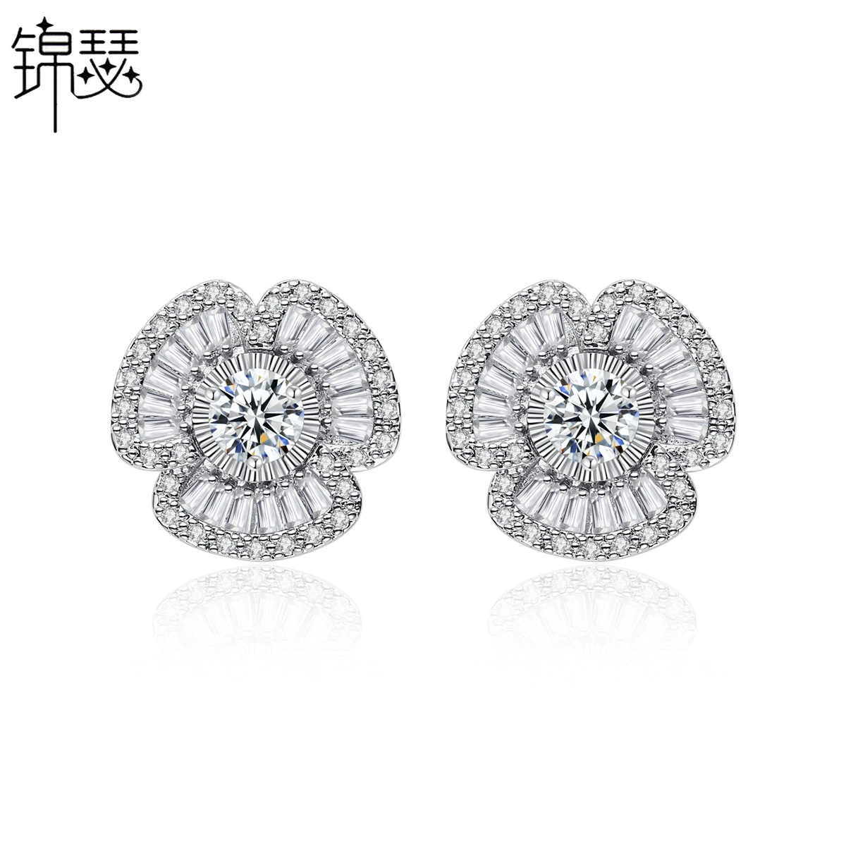 Серебрин Earrings, медь модная циркония, инкрустированный драгоценными камнями, корейский стиль, с цветами, оптовая продажа