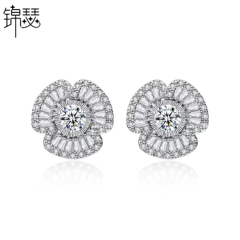 Серебрин Earrings, медь модная циркония, инкрустированный драгоценными камнями, корейский стиль, с цветами, оптовая продажа