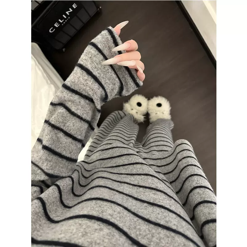 韩系条纹设计感休闲磨毛睡衣女秋季大码舒适家居服两件套装可外穿