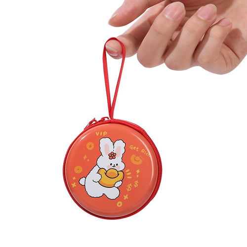 Creative round tinplate coin purse mini cartoon zipper data cable storage bag headphone keychain small wallet