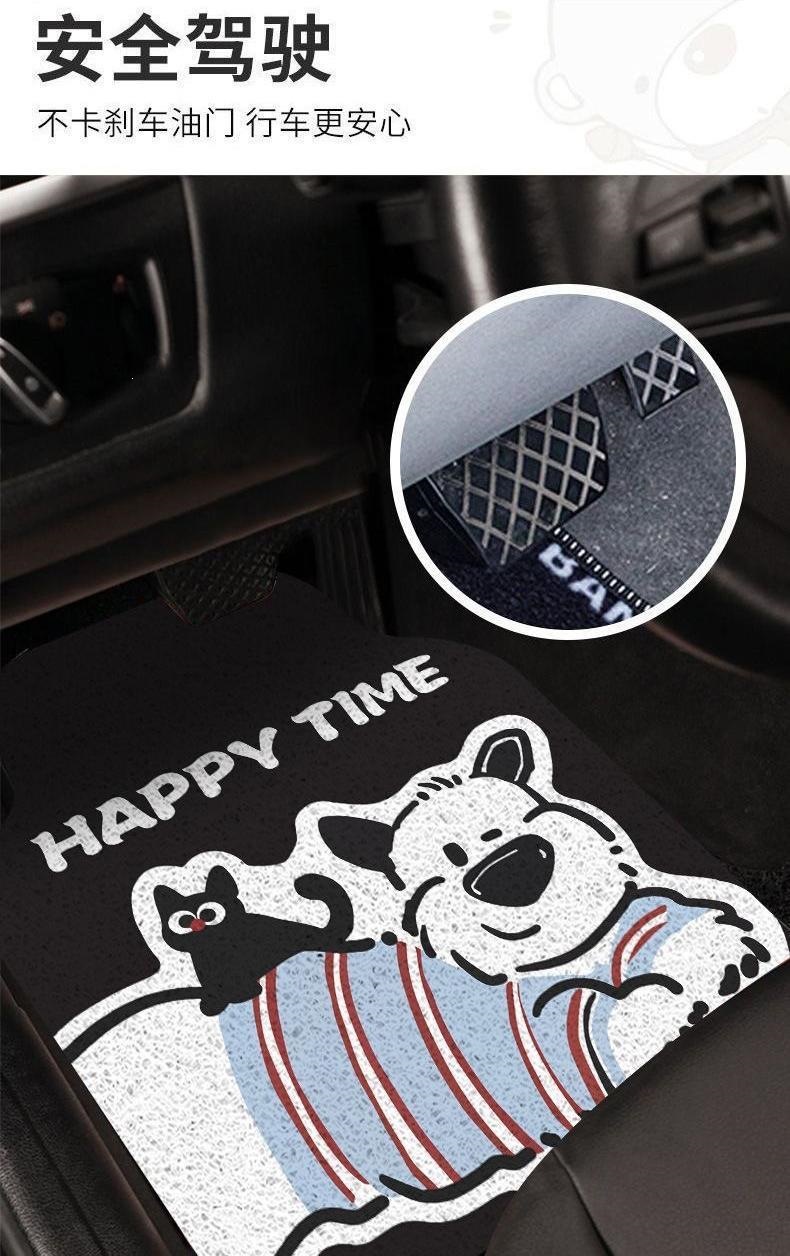 Cartoon-patterned, loop-pile car floor mats, customizable and universally sized, durable and non-slip, with a single piece for the front row and a connected piece for the rear row