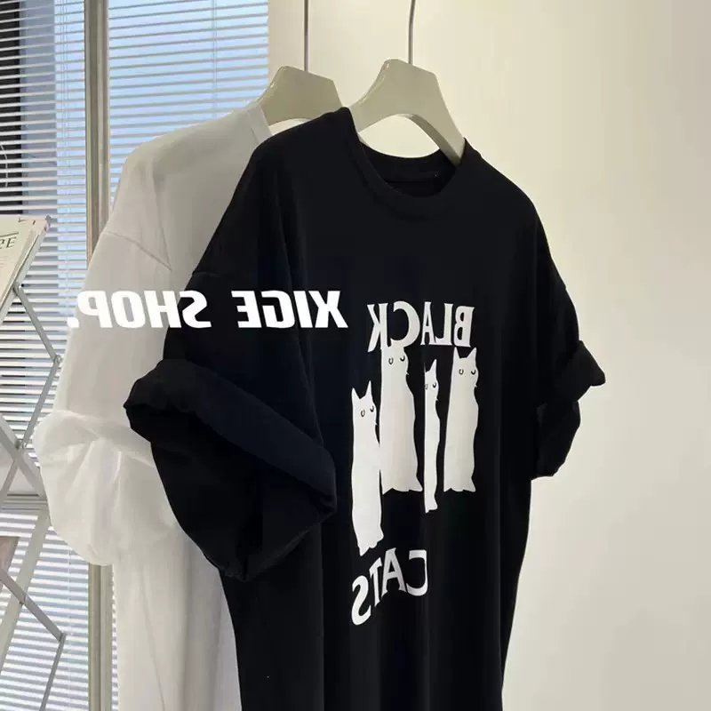 韩国新款可爱猫咪纯棉短袖t恤女夏季胖mm宽松显瘦洋气半袖上衣潮