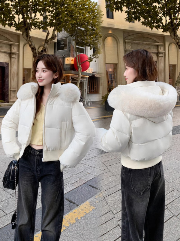 2025冬季新款宽松显瘦毛领连帽短款羽绒棉服女收腰加厚棉衣外套|undefined