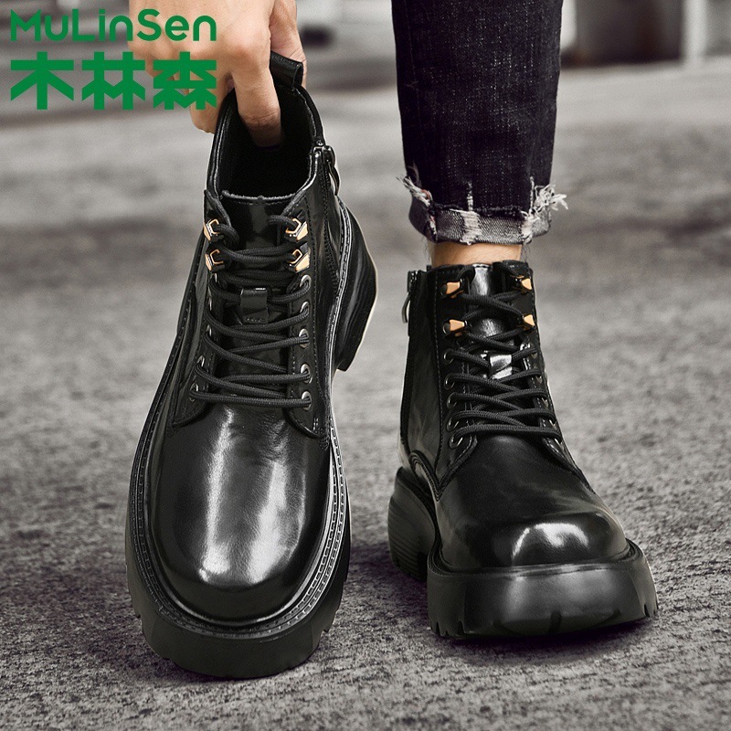 木林森英伦风马丁靴男款2025新款秋季新款真皮中帮男鞋机车工装靴