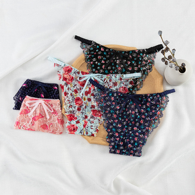 Sexy Lace Thong Lightweight Breathable Invisible T-Pants Printed Low Waist Thin Belt Briefs for Women Cross-border Supply