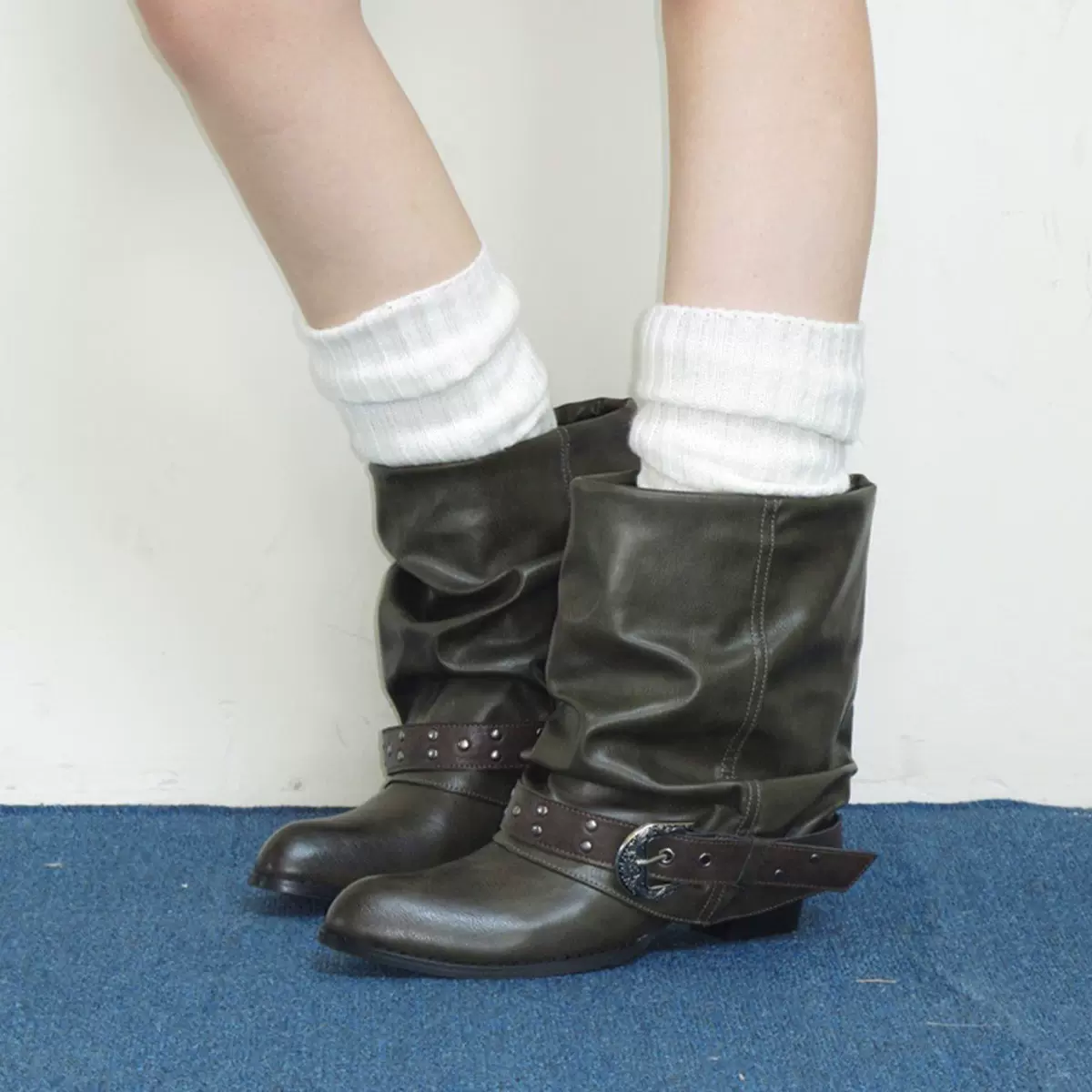 小众设计褶皱西部牛仔短靴2025秋季女堆堆靴粗跟尖头骑士靴裤管靴