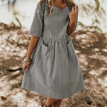 2025新款跨境外贸夏季气质圆领百搭条纹短袖连衣裙宽松显瘦遮肉