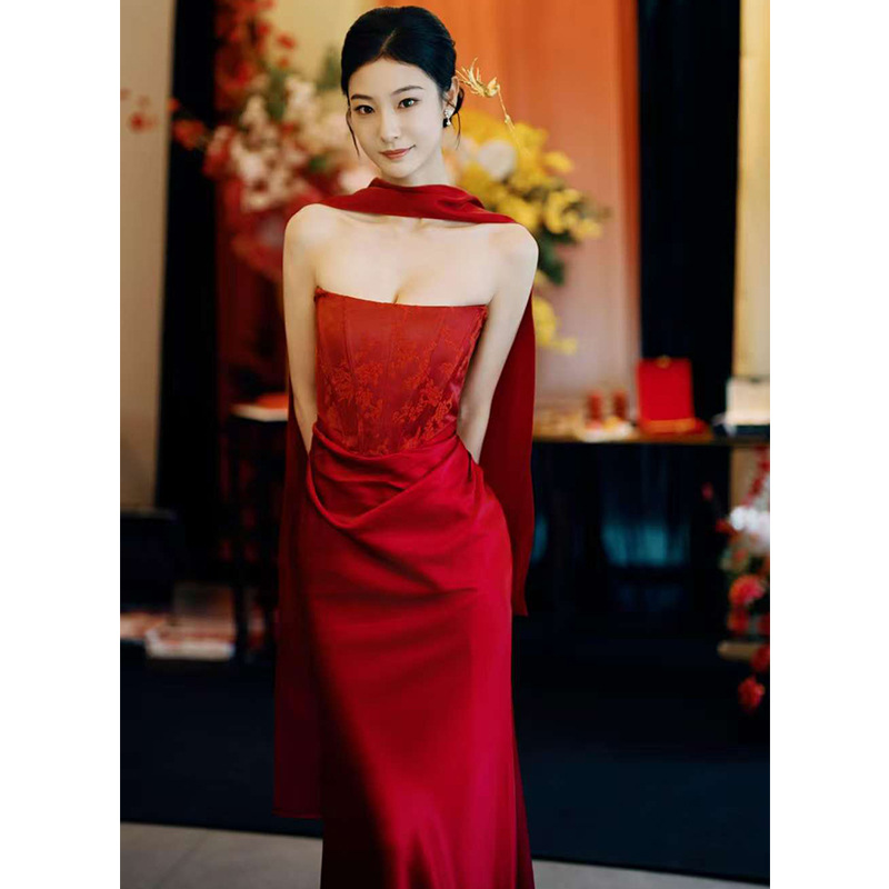 Red Tube Top Evening Dress 2026 New Style Banquet Wedding Toast Dress Bride Wedding Morning Gown Wedding Engagement Dress