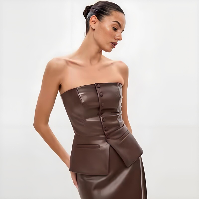 European and American Cross-Border Pu Women's Clothing French Design Single-Breasted Sexy Tube Top Leather Top Tube Top Vest Wholesale