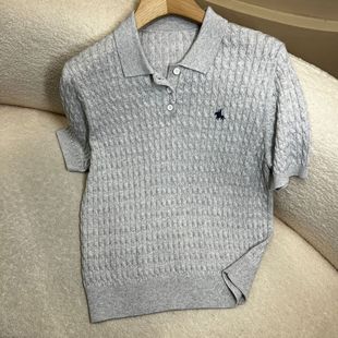 Retro Miu Twist Short-Sleeved Women's Comfortable Knitwear Women's 2025 Summer New Twist Polo Shirt Women's Gray