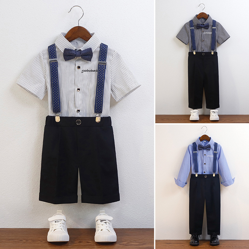 Children's Flower Girl Dress Summer New Korean Style Striped Short-Sleeve Overalls Set Baby's First Birthday Photography Outfit