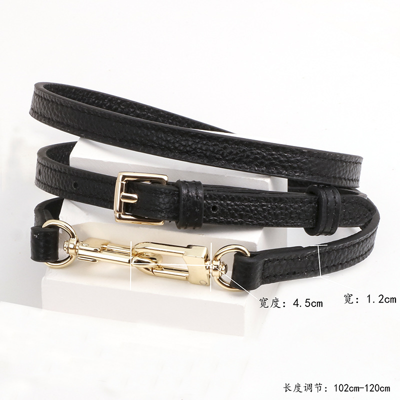 Premium cowhide lychee pattern black 1.2cm shoulder strap gold buckle