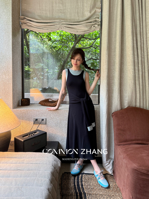 CZ ZHANG假两件学院风无袖连衣裙女撞色拼接高腰A字长裙 B36266|undefined
