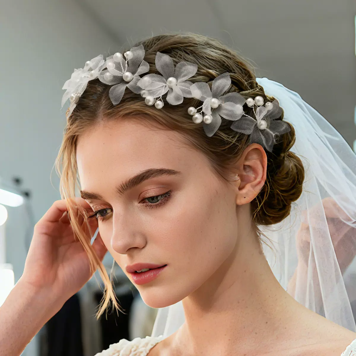欧美白色花环新娘发带森系婚礼写真头纱配饰手工珍珠软链花朵发带