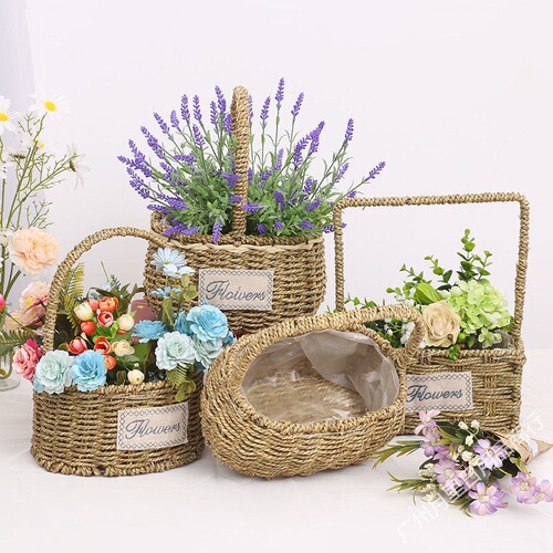 Bamboo flower basket, rattan, straw weaving, flower art class, iron hand-held succulent pothos, dried flower arrangement, flower arrangement, ornaments