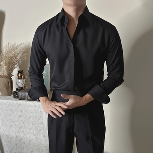 Italian Long Point Collar Black Slim-fit Long-sleeved Shirt Men's Solid Color British Micro Loose Non-ironing Shirt