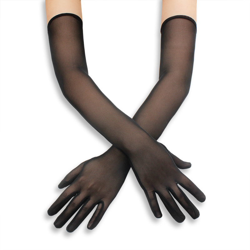 55cm Stretch Women Sexy Mesh Lace Mesh Gloves Tulle Transparent Sun Protection Etiquette Halloween Decorative Gloves
