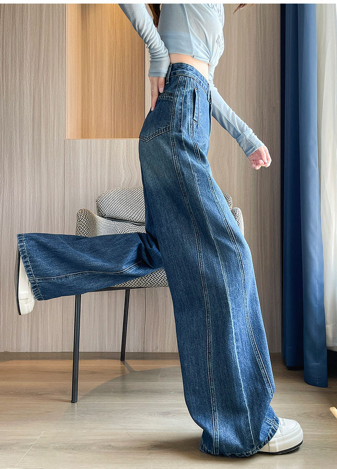 Quần jean ống rộng nữ cạp cao dáng dài chấm gót, vải denim mềm rủ — Quần dài màu xanh cổ điển - mẫu đơn, Quần dài đen vàng xanh - mẫu đơn, Quần lửng màu xanh cổ điển - mẫu đơn, Quần lửng đen vàng xanh - một kiểu chi tiết 16