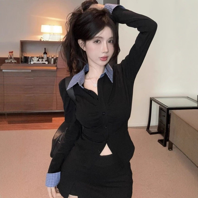 性感纯欲拼接褶皱纽扣衬衫长袖T恤秋季修身打底衫时尚辣妹上衣女T