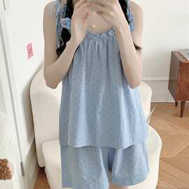 蓝色波点吊带家居服套装女夏季甜美风可外穿无袖睡衣两件套可代发